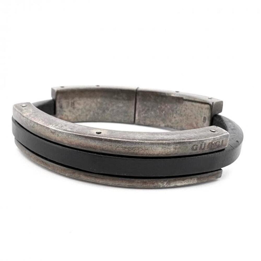 Gucci SV925 Leather Bangle Silver Black Bracelet GUCCI
